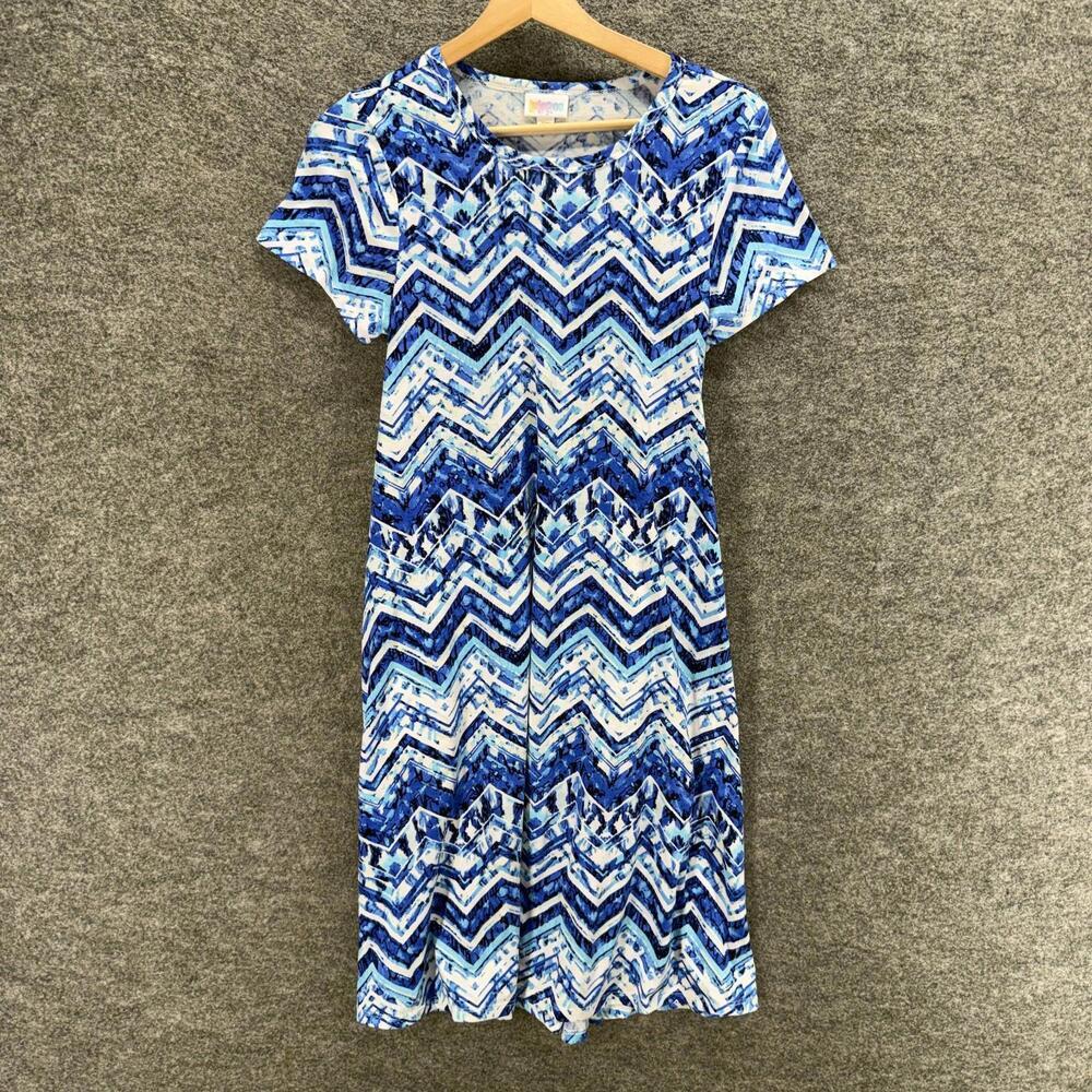 LulaRoe Dress Women 2XS Blue Striped Shift Midi Short Sleeve Round Neck Casual